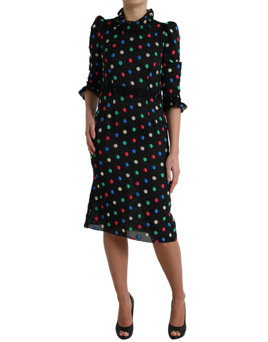 Black Polka Dot Ruffle Cotton Midi Dress