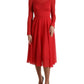 Red Silk Pleated Aline Long Sleeve Midi Dress