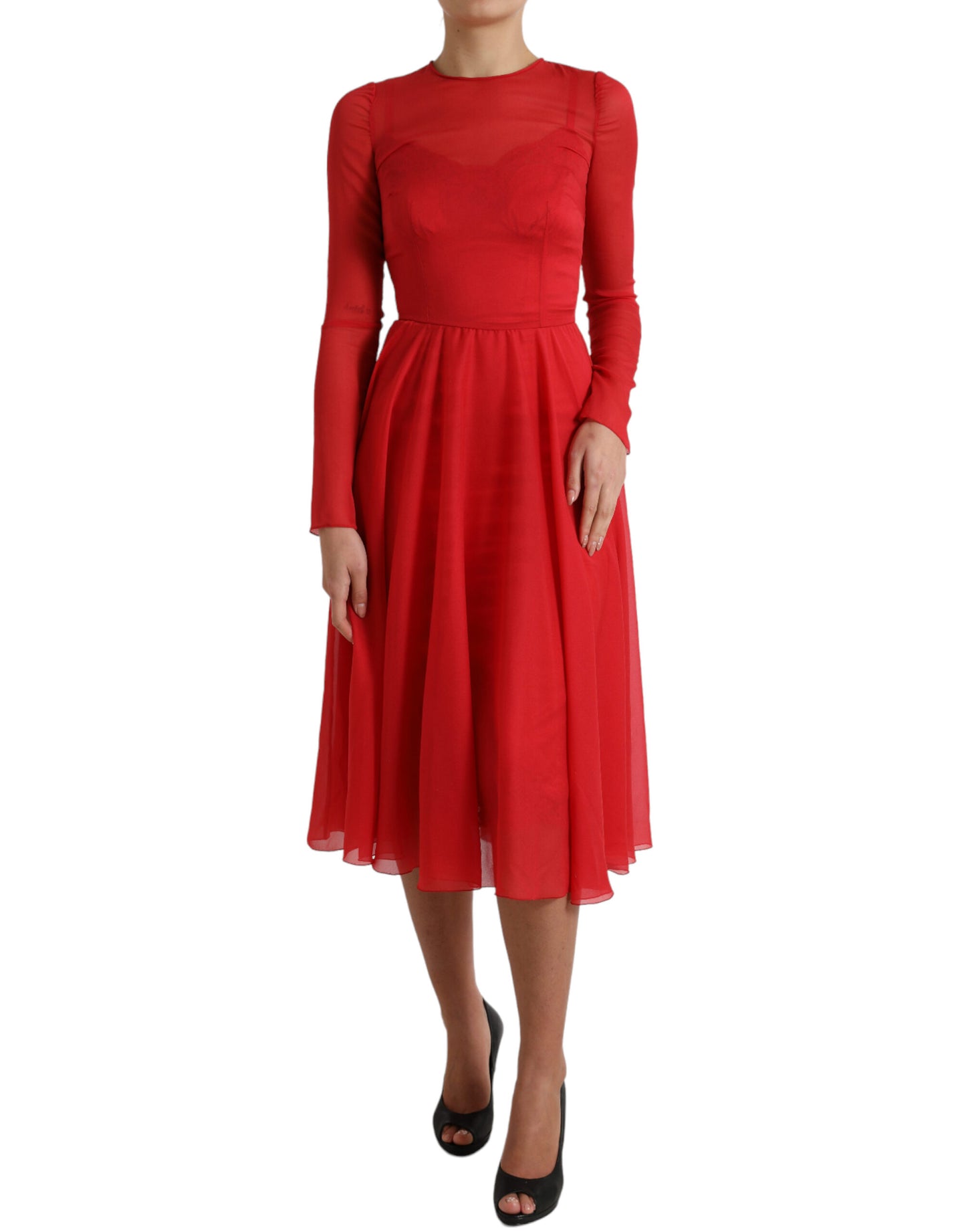 Red Silk Pleated Aline Long Sleeve Midi Dress