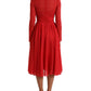Red Silk Pleated Aline Long Sleeve Midi Dress