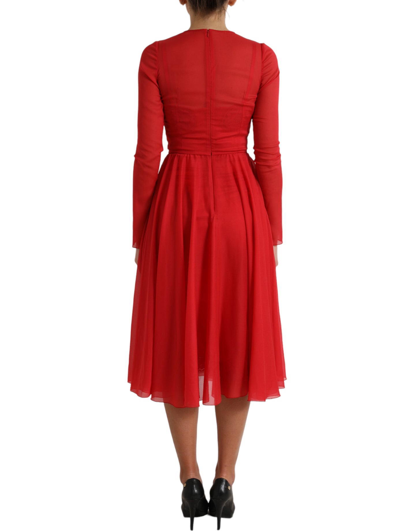 Red Silk Pleated Aline Long Sleeve Midi Dress