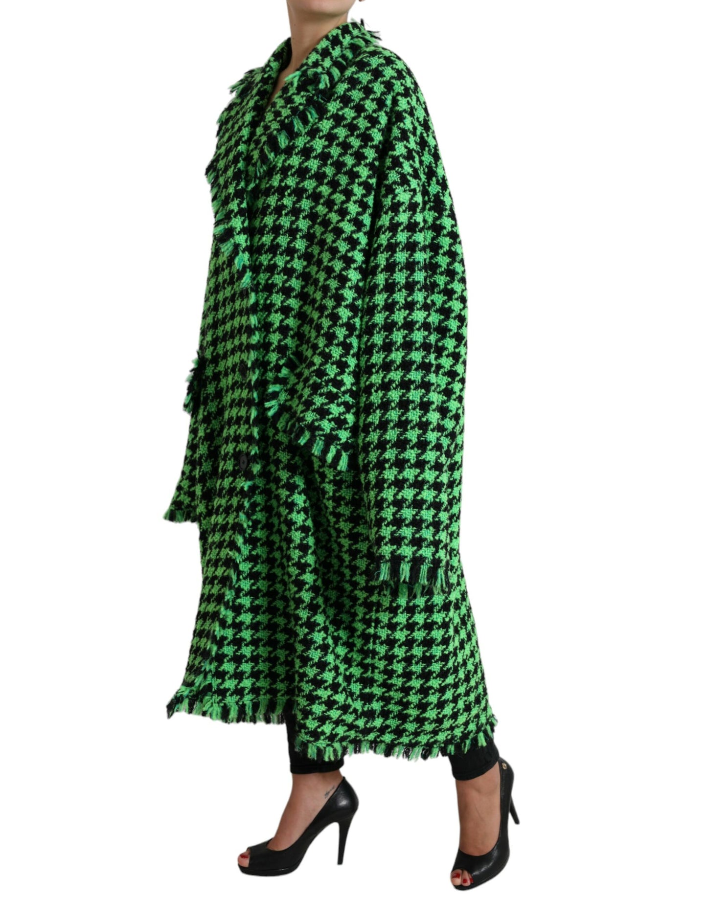 Green Houndstooth Full Sleeve Long Coat Jacket