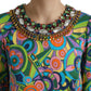 Multicolor Geometric Print Silk Crystals Midi Dress