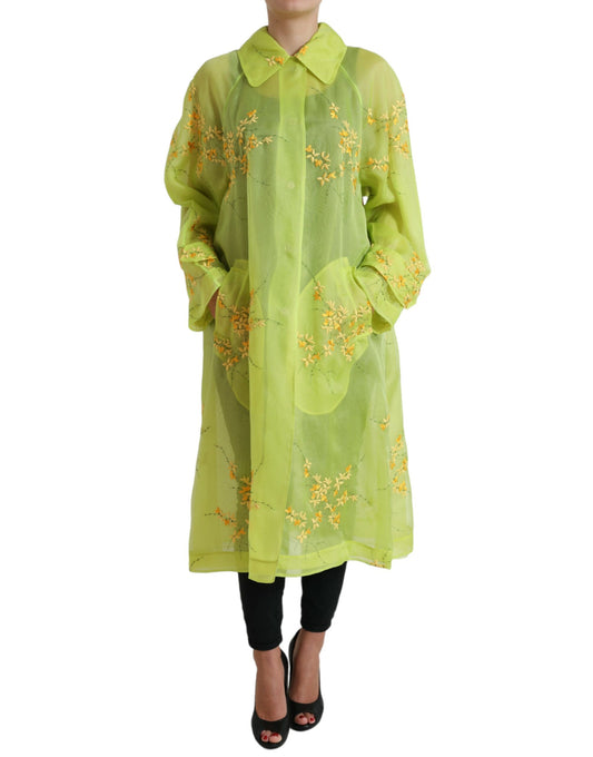 Green Silk Floral Embroidery Long Coat Jacket