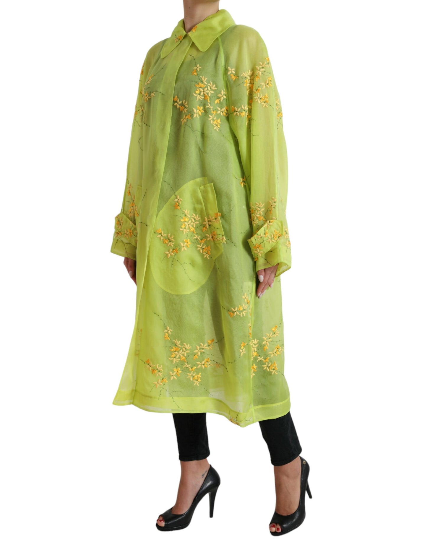 Green Silk Floral Embroidery Long Coat Jacket