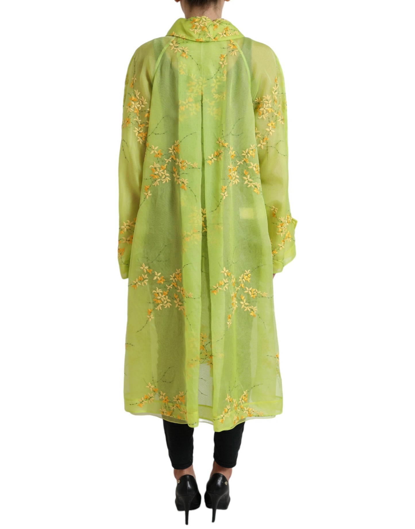 Green Silk Floral Embroidery Long Coat Jacket