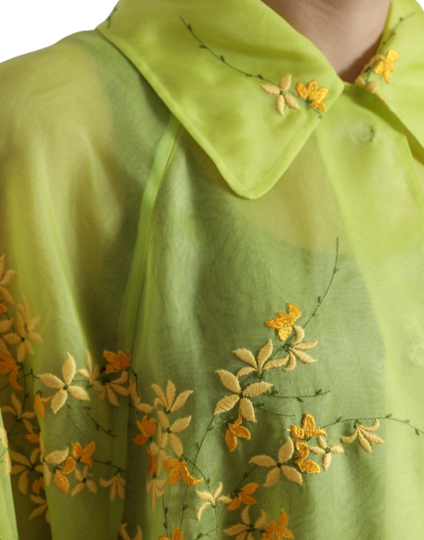 Green Silk Floral Embroidery Long Coat Jacket