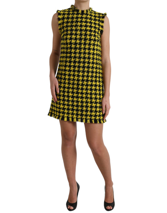 Yellow Houndstooth Sleeveless Aline Mini Dress