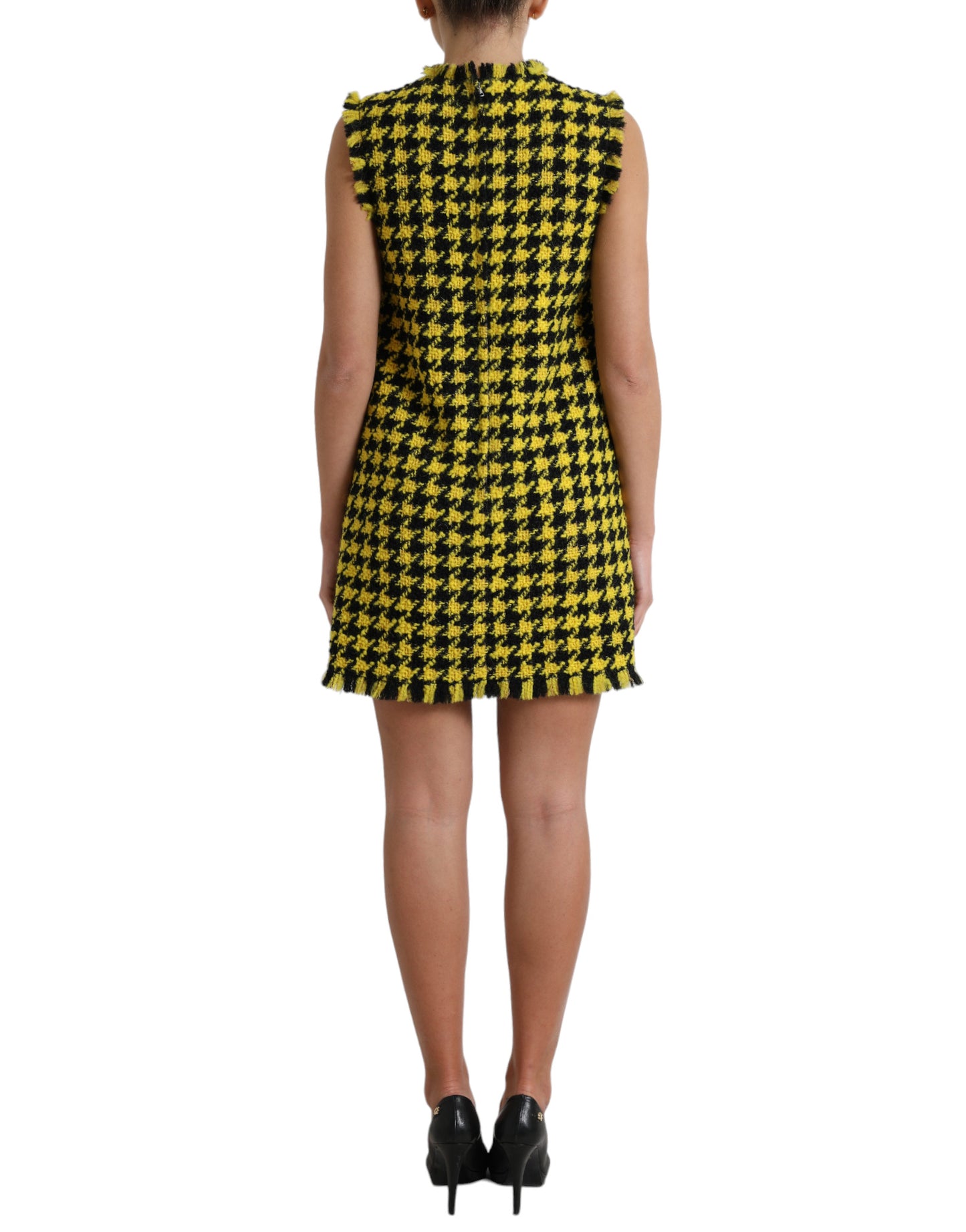 Yellow Houndstooth Sleeveless Aline Mini Dress