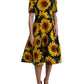 Black Sunflower Print Nylon A-line Midi Dress