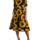 Black Sunflower Print Nylon A-line Midi Dress
