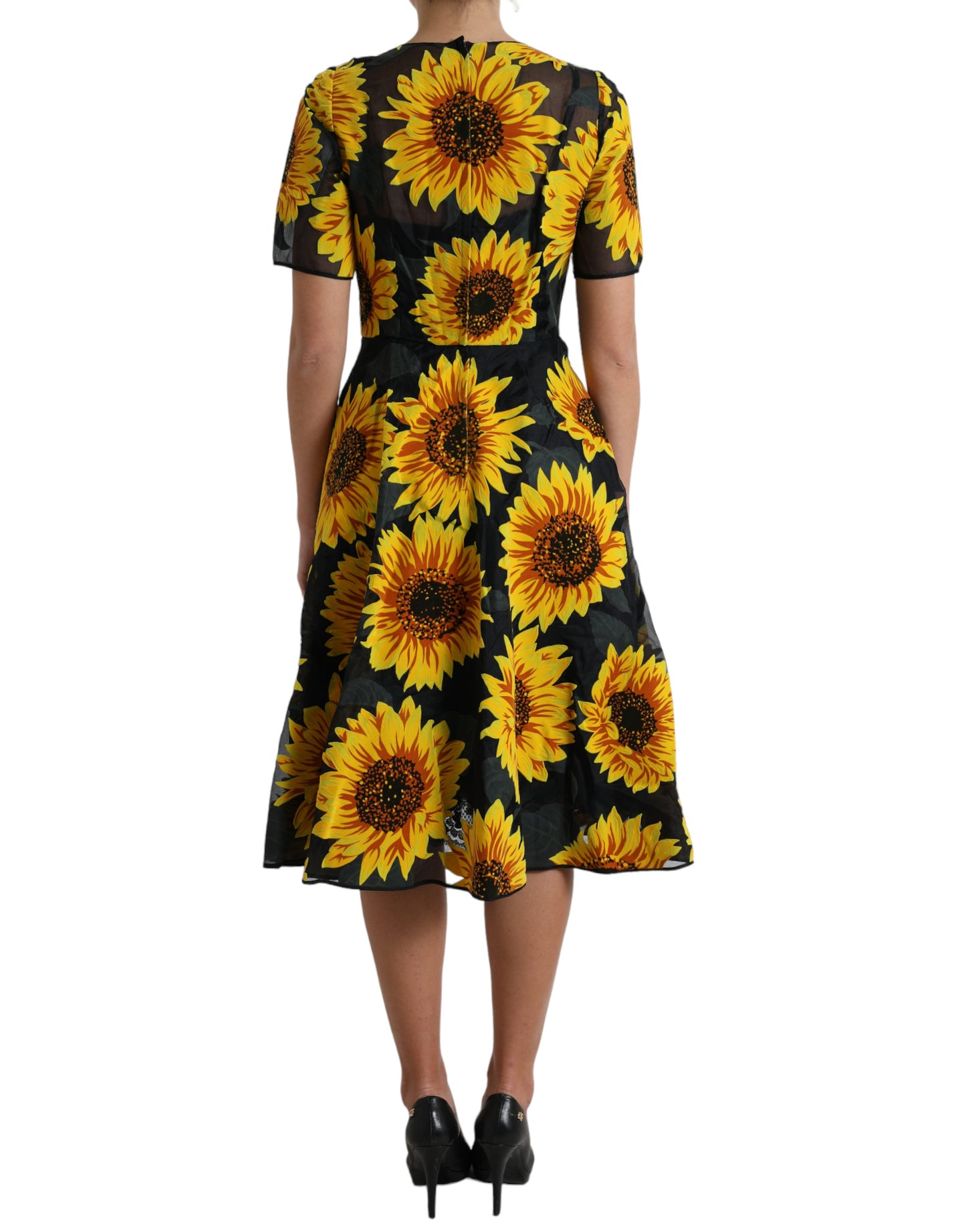 Black Sunflower Print Nylon A-line Midi Dress