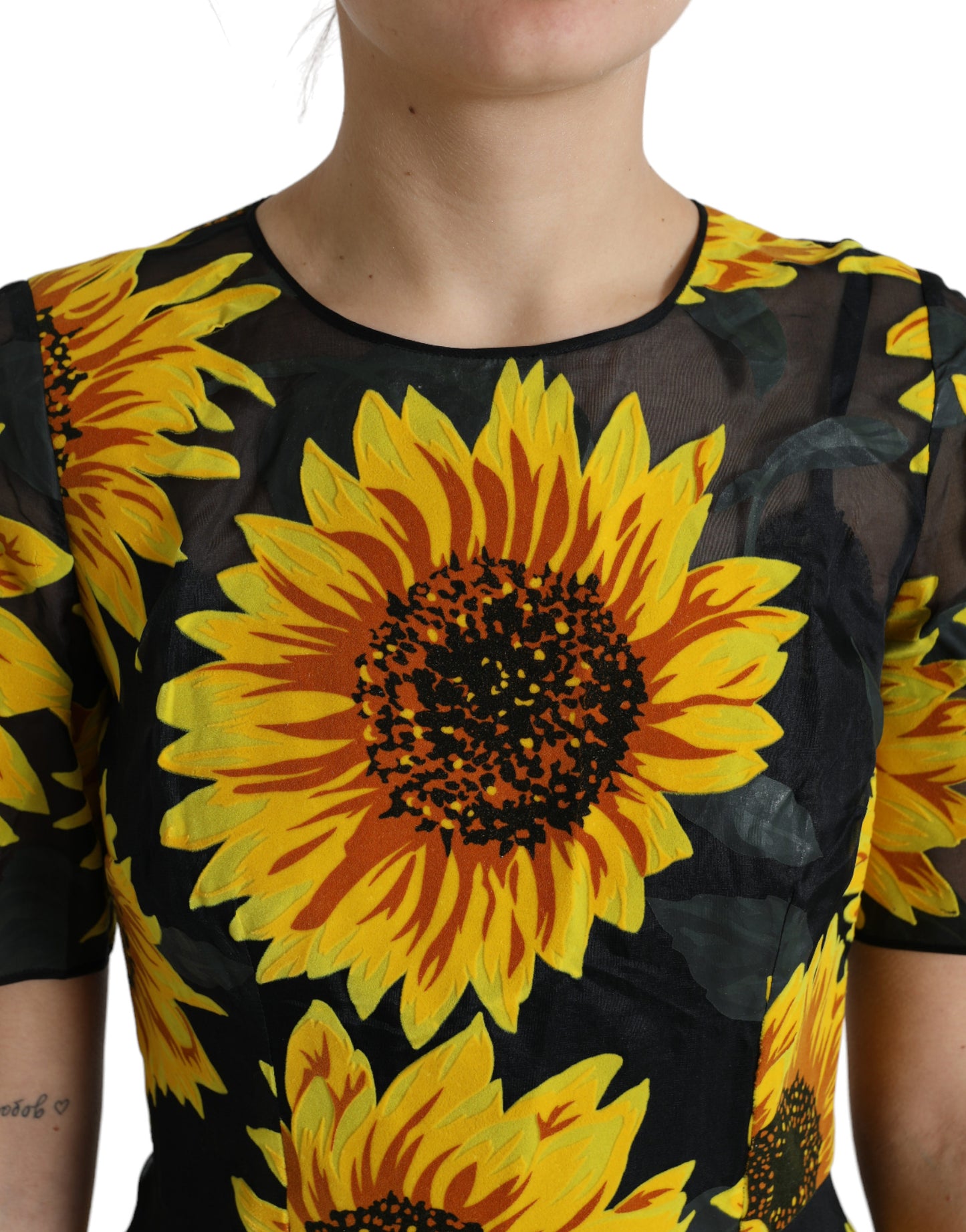 Black Sunflower Print Nylon A-line Midi Dress