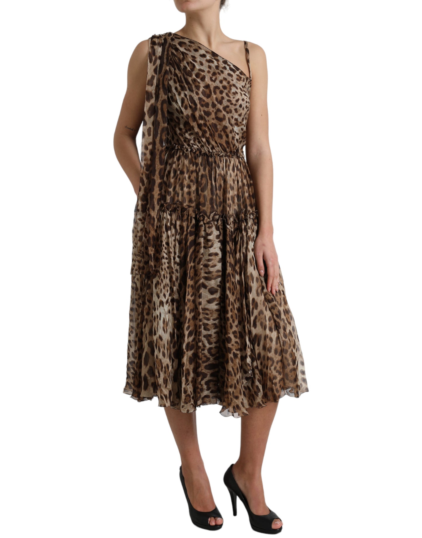 Brown Leopard Print Silk Ruffled Midi Dress