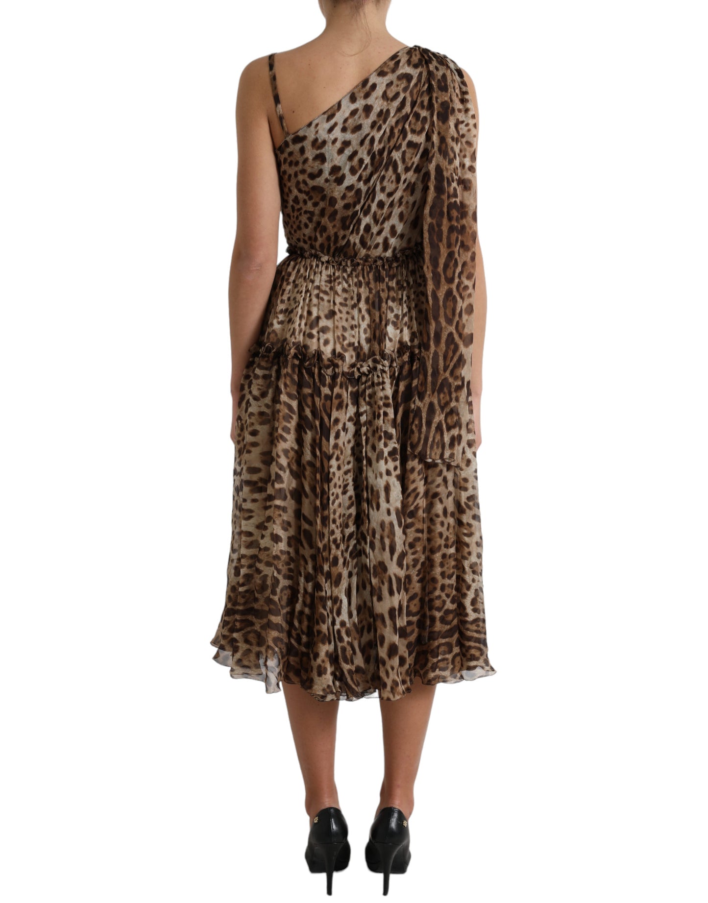 Brown Leopard Print Silk Ruffled Midi Dress