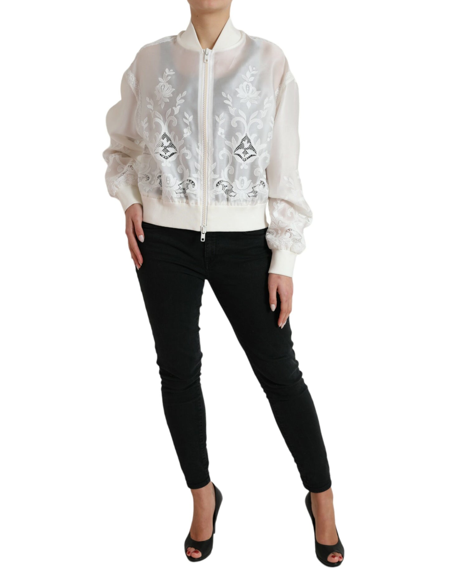 White Floral Lace Silk Full Zip Bomber Jacket