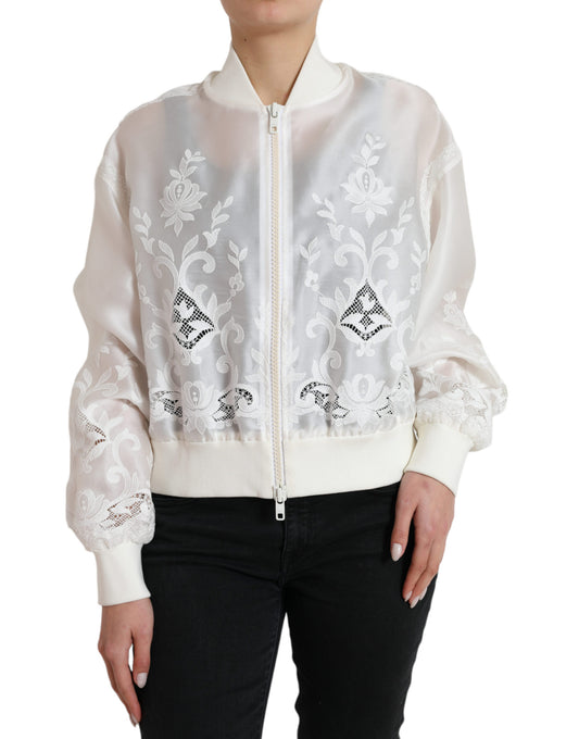 White Floral Lace Silk Full Zip Bomber Jacket