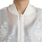 White Floral Lace Silk Full Zip Bomber Jacket