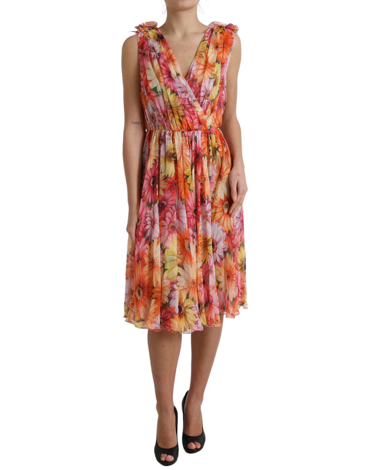 Multicolor Sunflower Print Silk Midi Dress