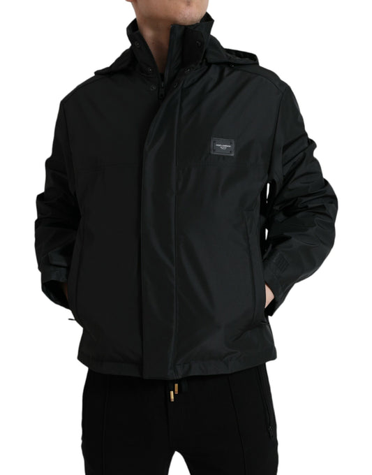 Black Polyester Logo Plaque Hooded Jacket