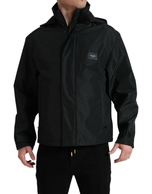 Black Polyester Logo Plaque Hooded Jacket