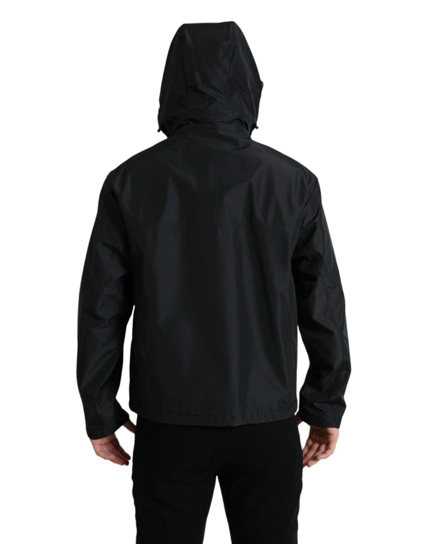 Black Polyester Logo Plaque Hooded Jacket