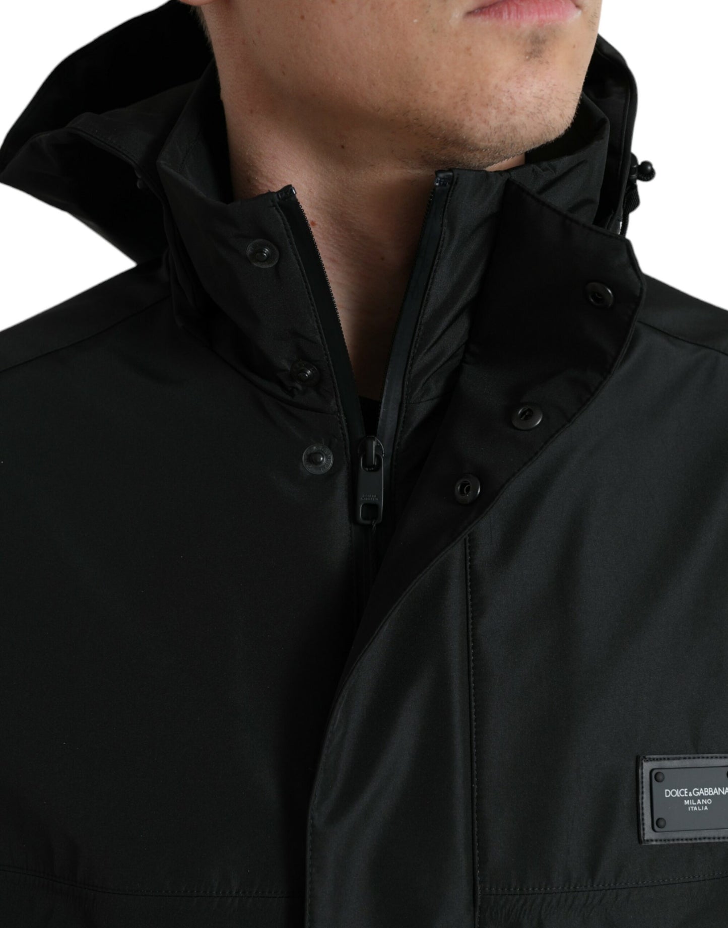 Black Polyester Logo Plaque Hooded Jacket