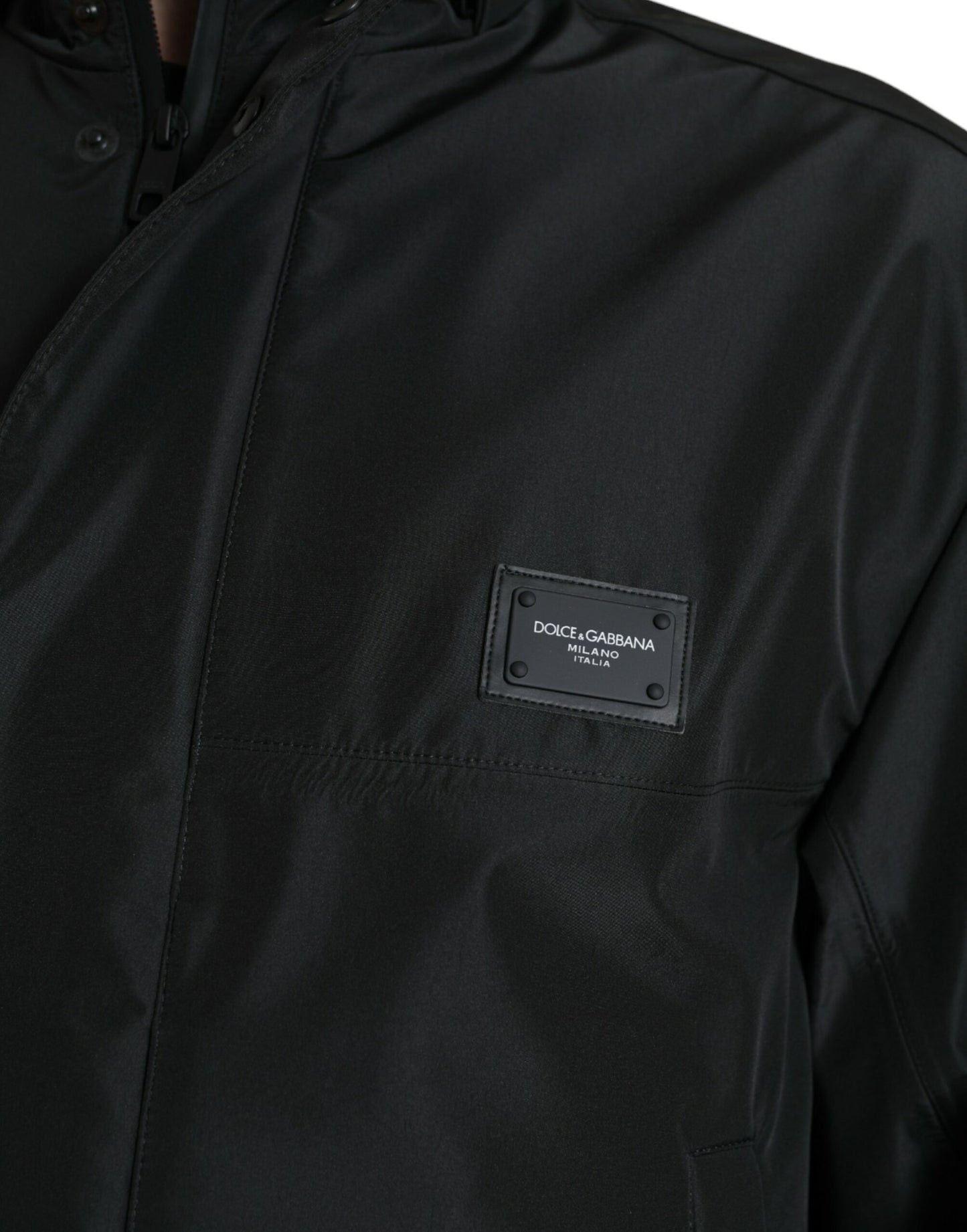 Black Polyester Logo Plaque Hooded Jacket