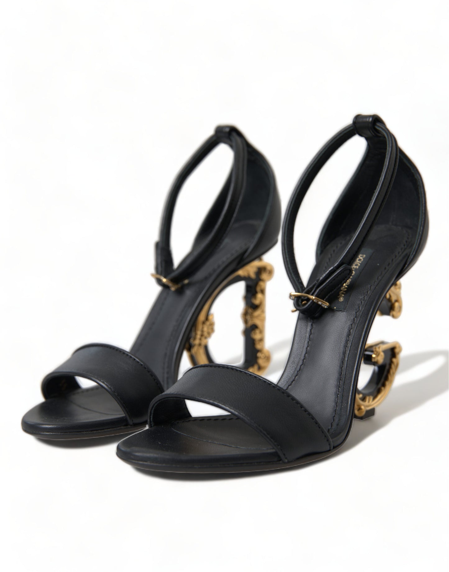 Black Leather Baroque DG Heel Sandals Shoes