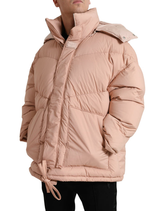 Peach Polyester Hooded Puffer Winter Jacket