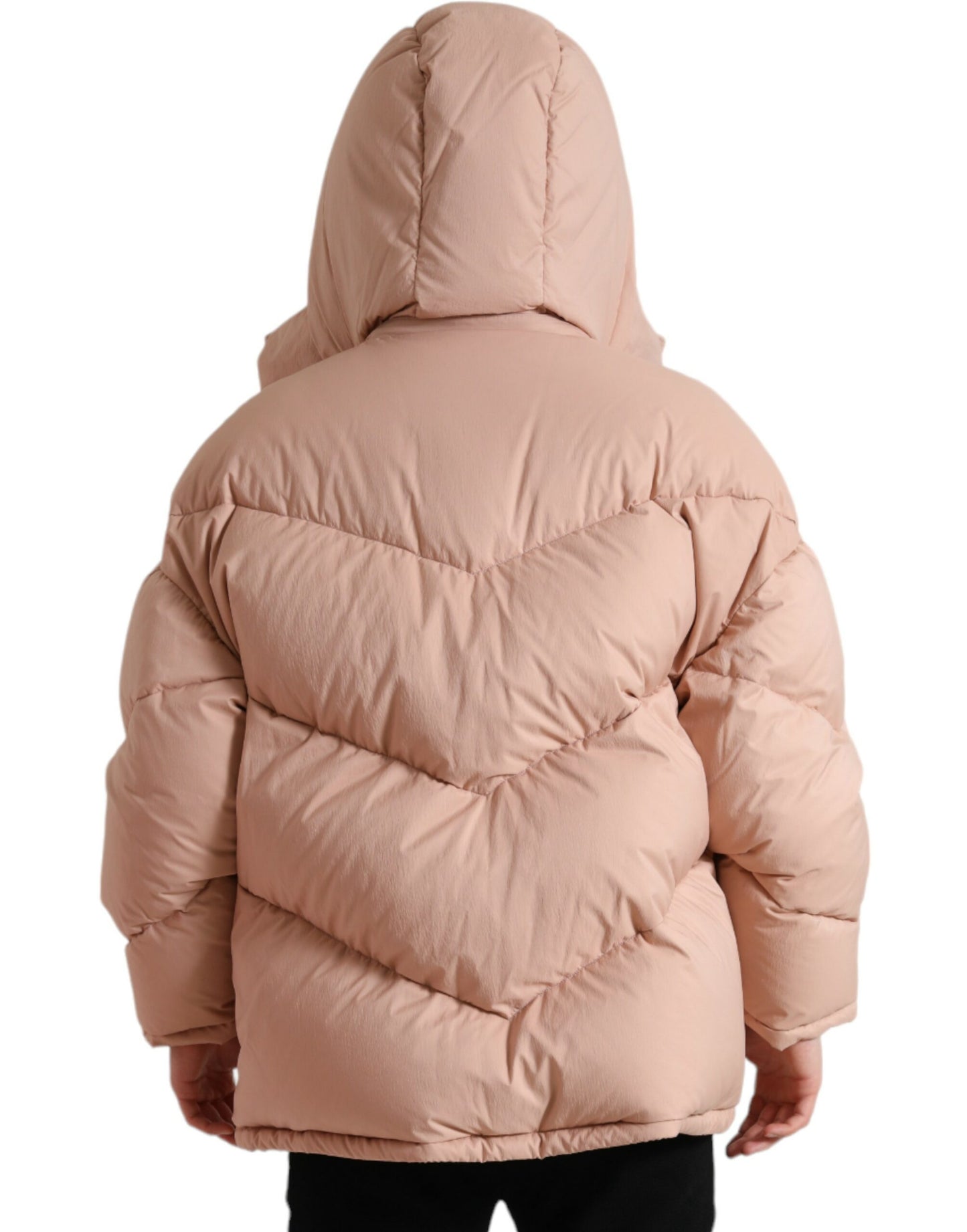 Peach Polyester Hooded Puffer Winter Jacket