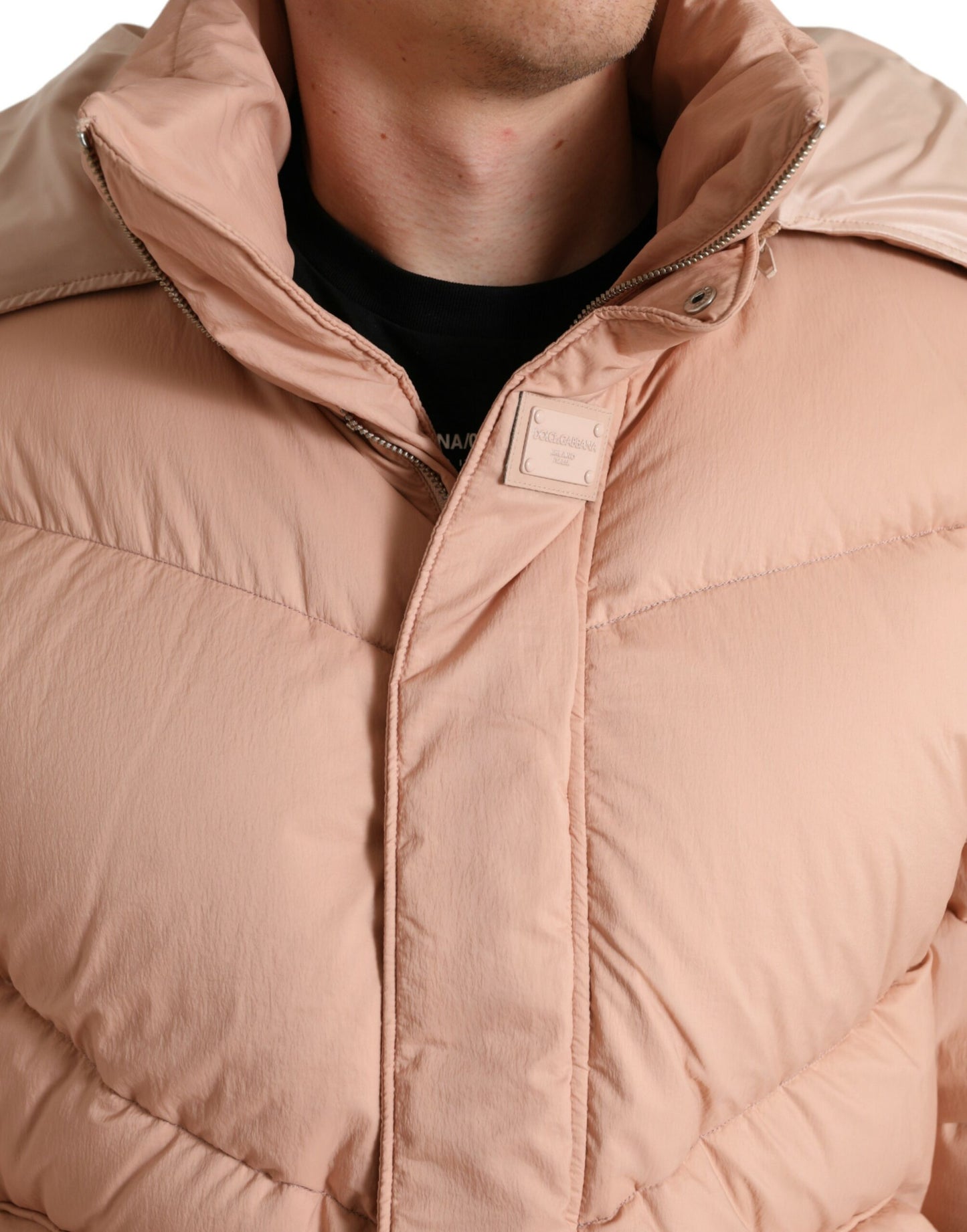 Peach Polyester Hooded Puffer Winter Jacket