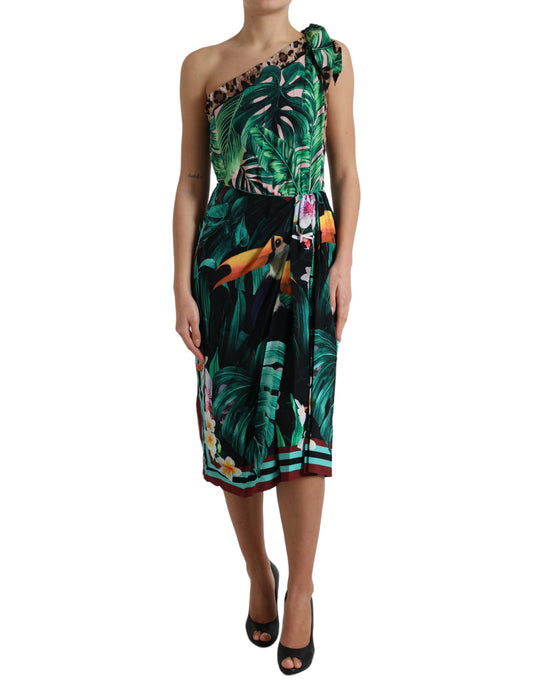 Green Tropical Jungle Print One Shoulder Midi Dress