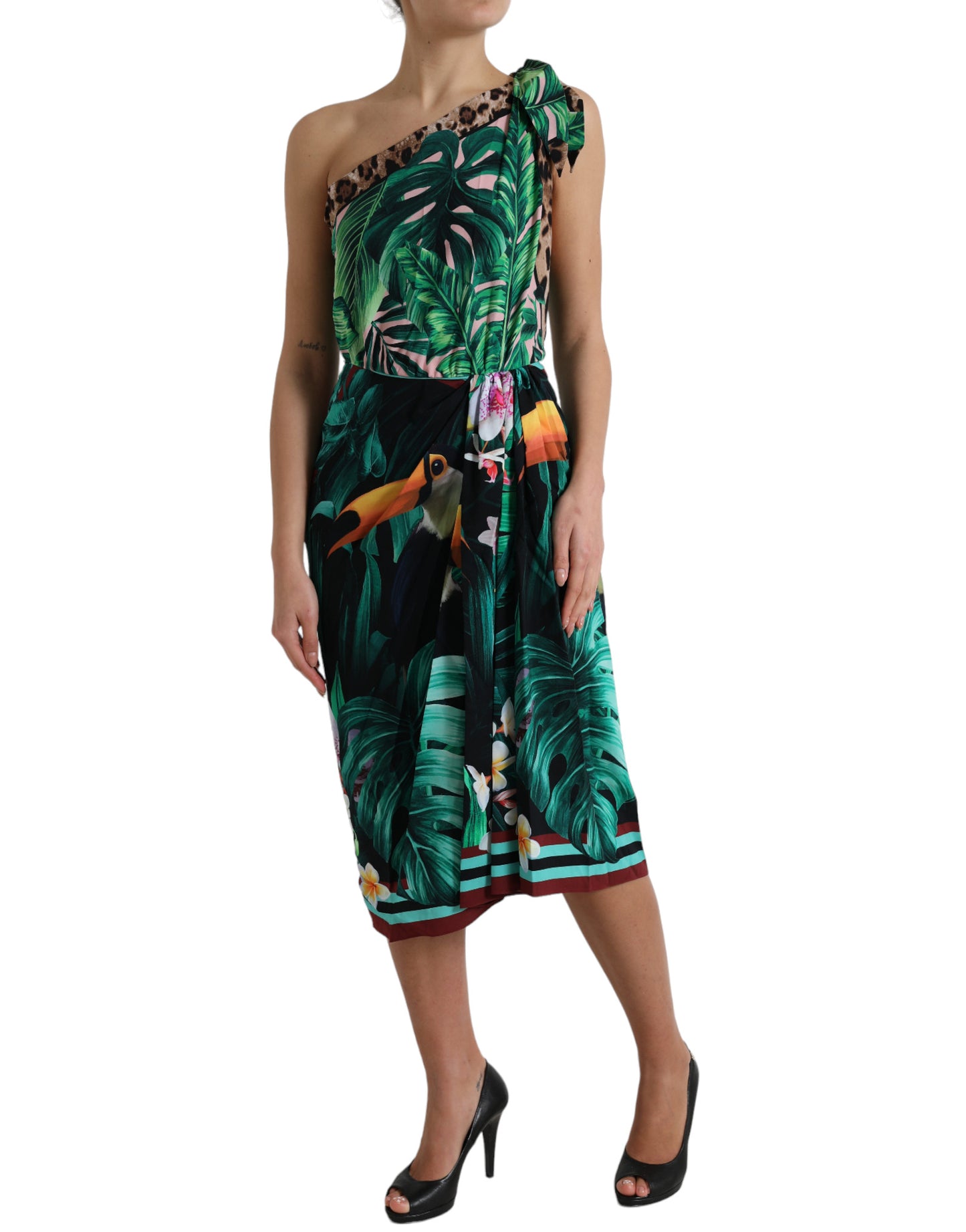 Green Tropical Jungle Print One Shoulder Midi Dress