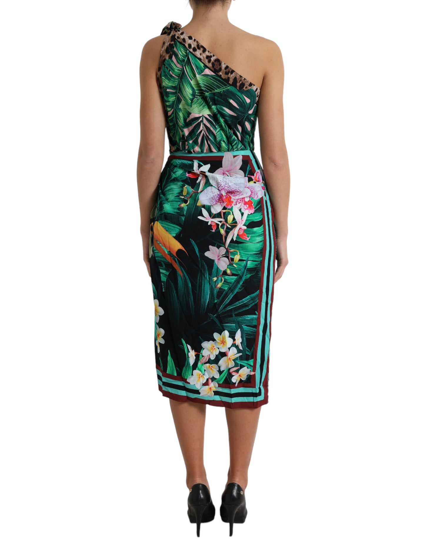 Green Tropical Jungle Print One Shoulder Midi Dress