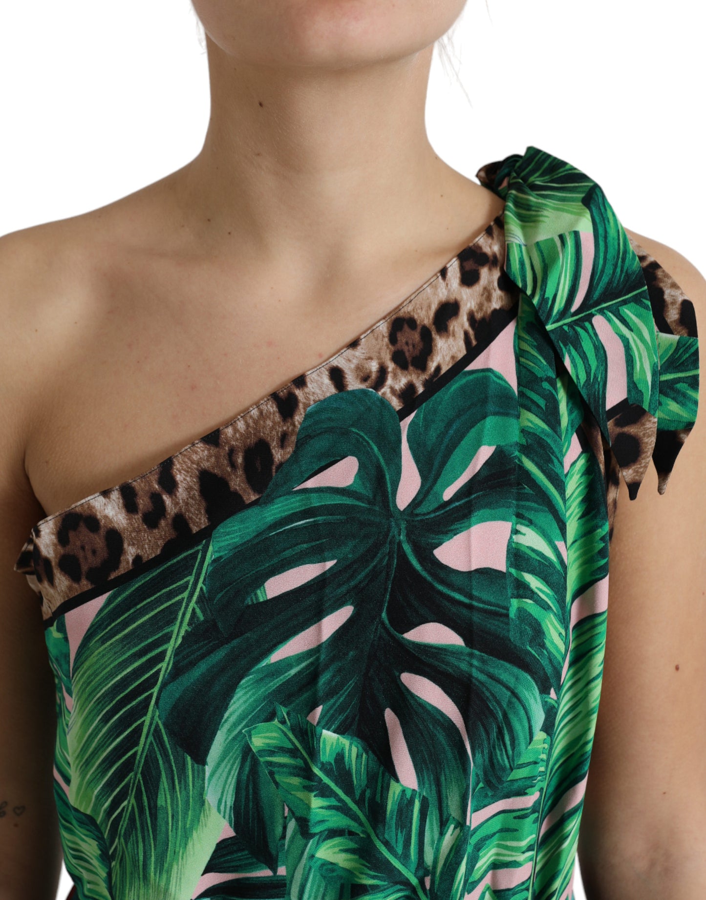 Green Tropical Jungle Print One Shoulder Midi Dress