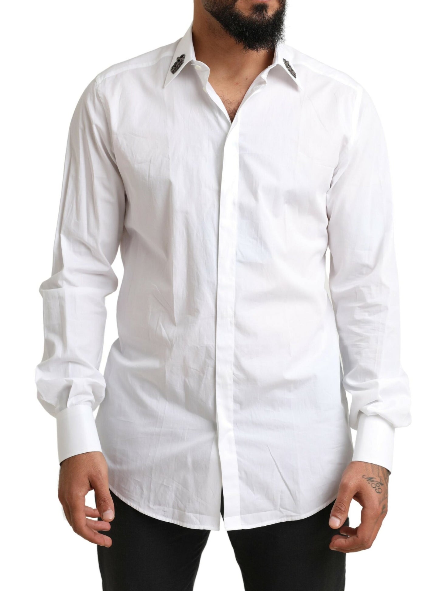 Elegant White Slim Fit Tuxedo Shirt with Crown Embroidery