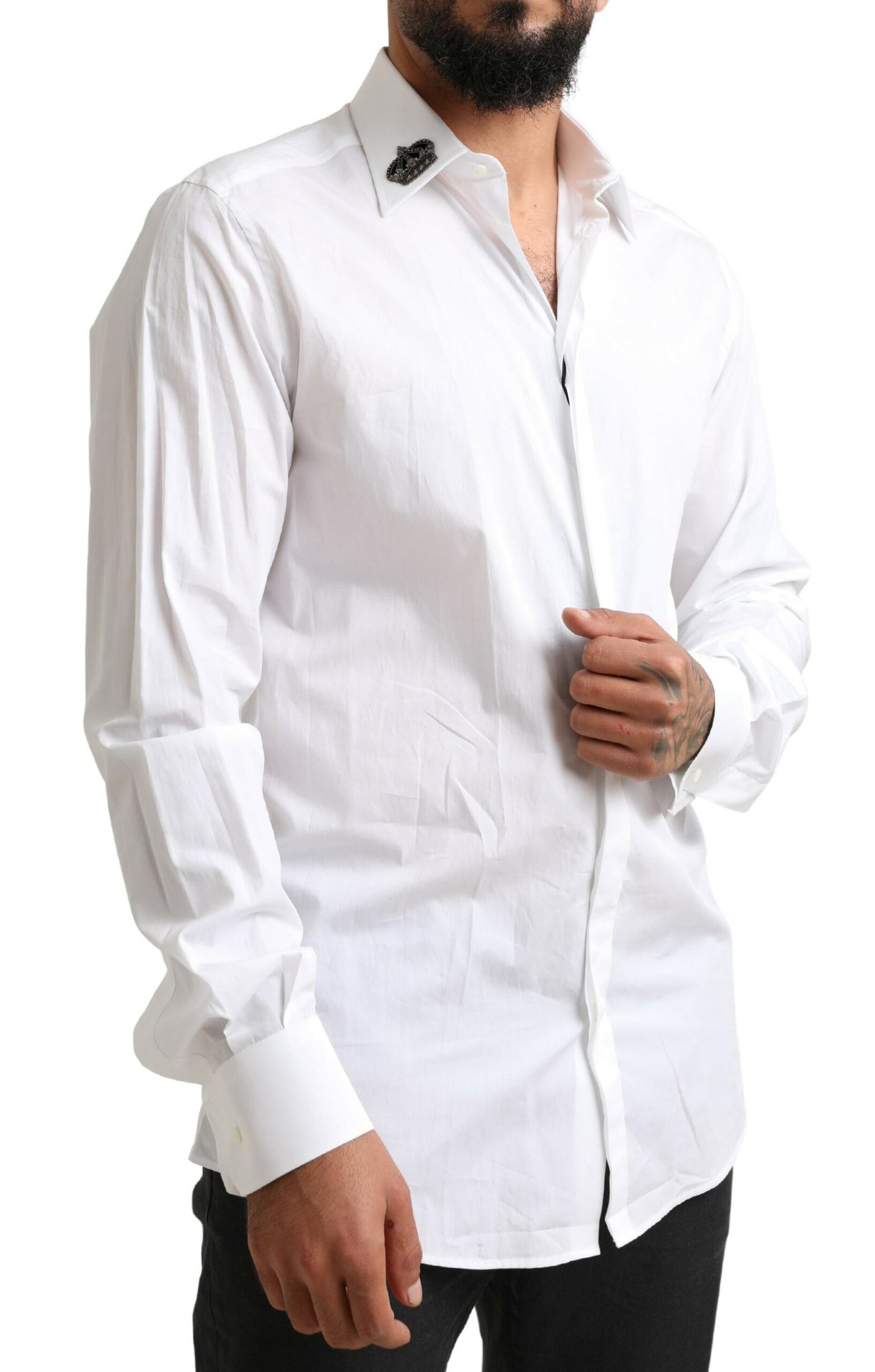 Elegant White Slim Fit Tuxedo Shirt with Crown Embroidery