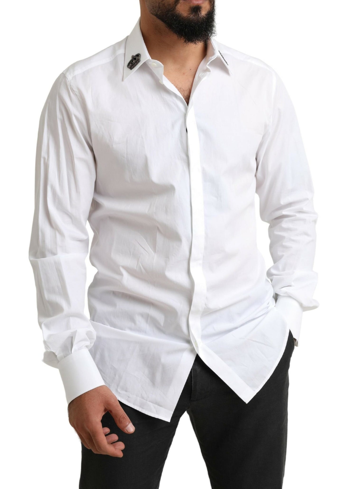 Elegant White Slim Fit Tuxedo Shirt with Crown Embroidery