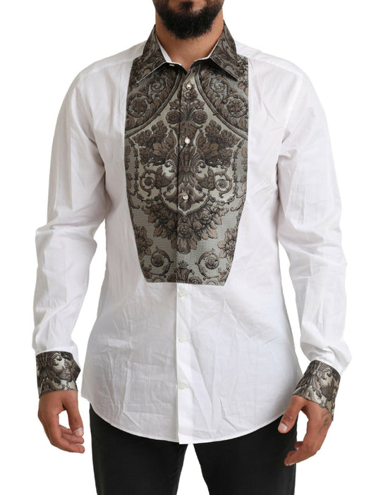 Elegant White Baroque Slim Fit Dress Shirt