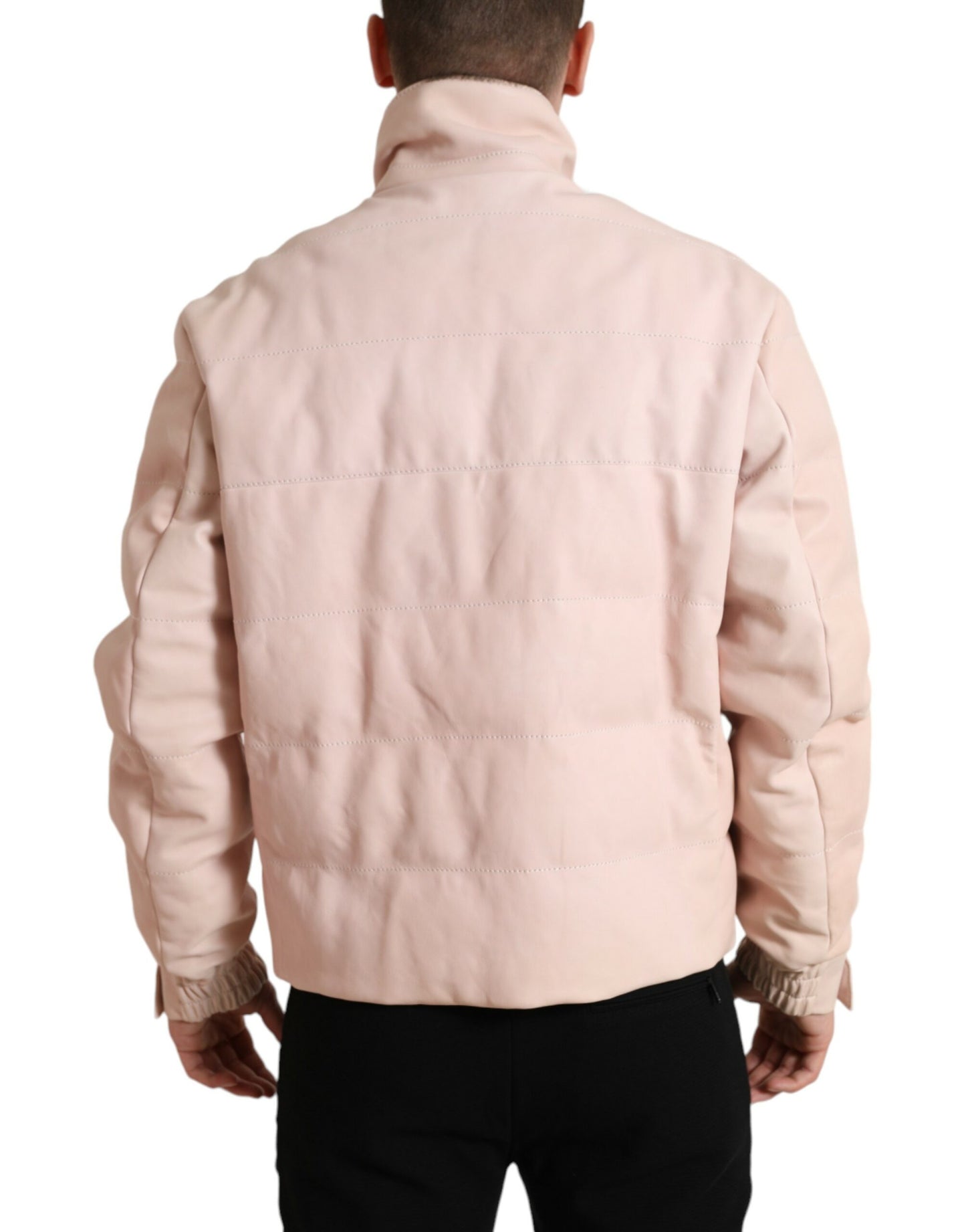 Pink Nylon Men Turtle Neck Puffer Jacket