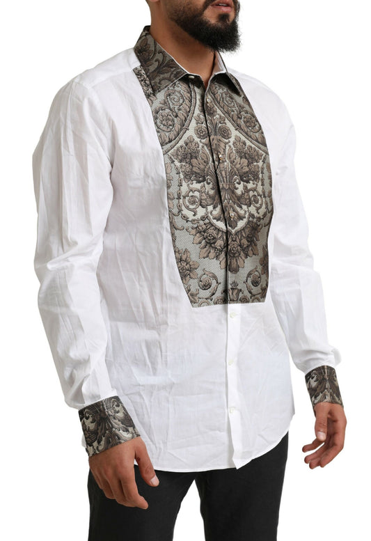 Elegant White Baroque Slim Fit Dress Shirt