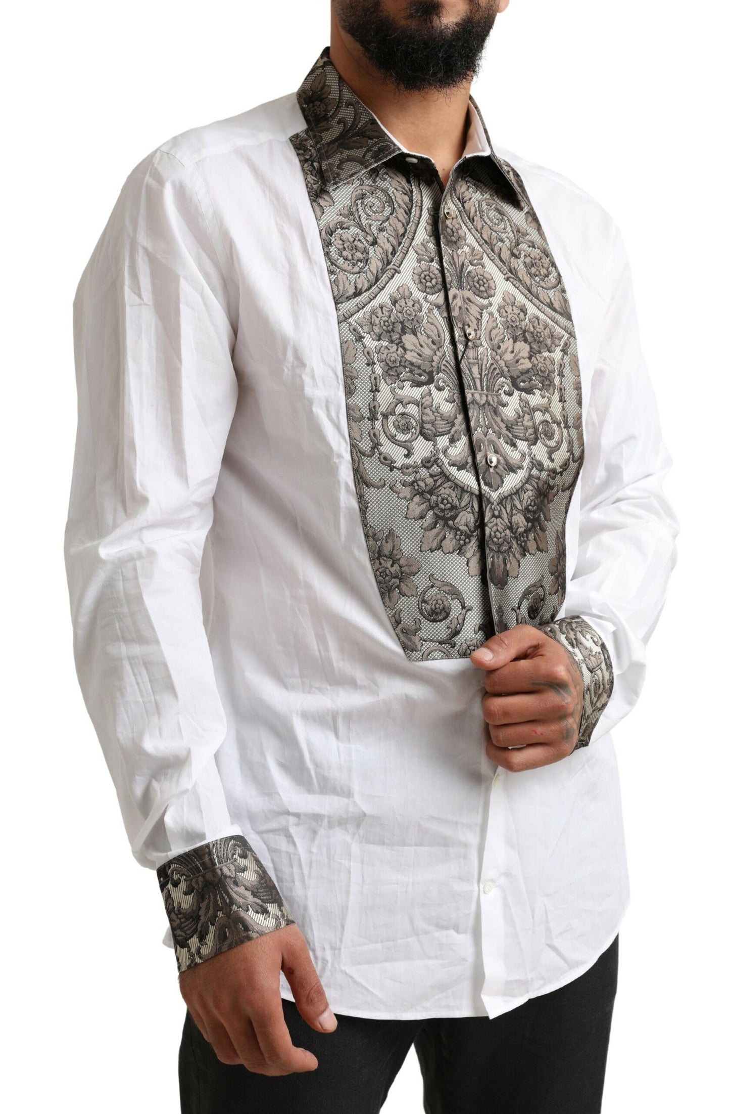 Elegant White Baroque Slim Fit Dress Shirt