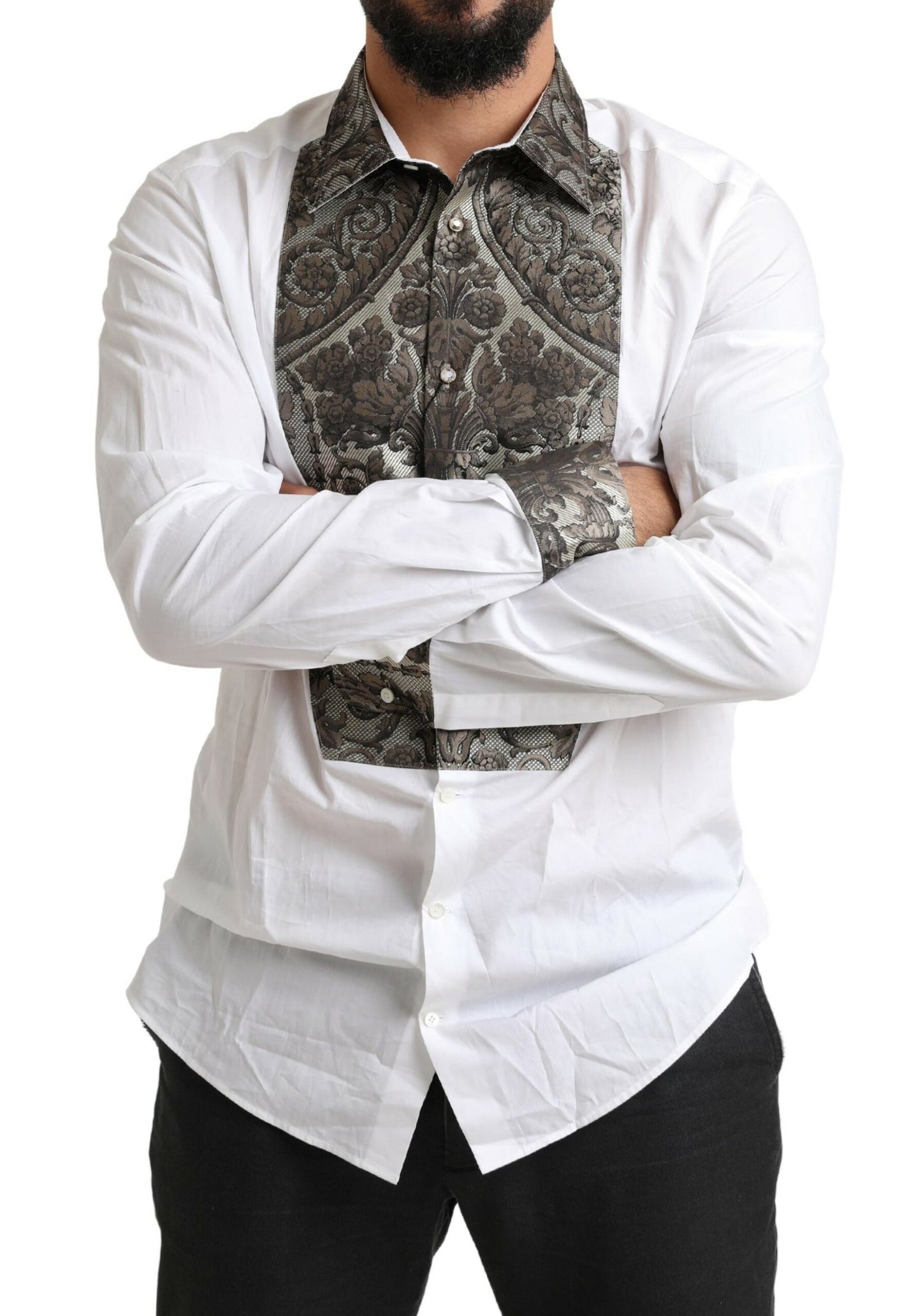 Elegant White Baroque Slim Fit Dress Shirt