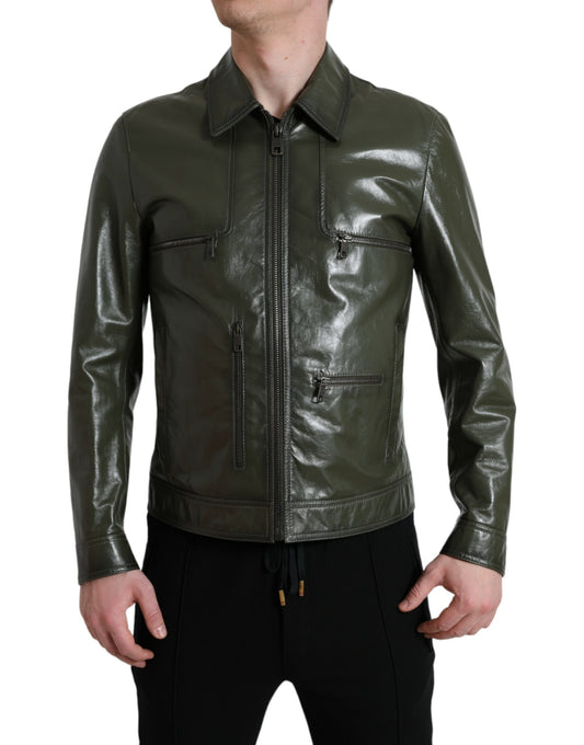 Green Leather Collared Biker Full Zip Jacket