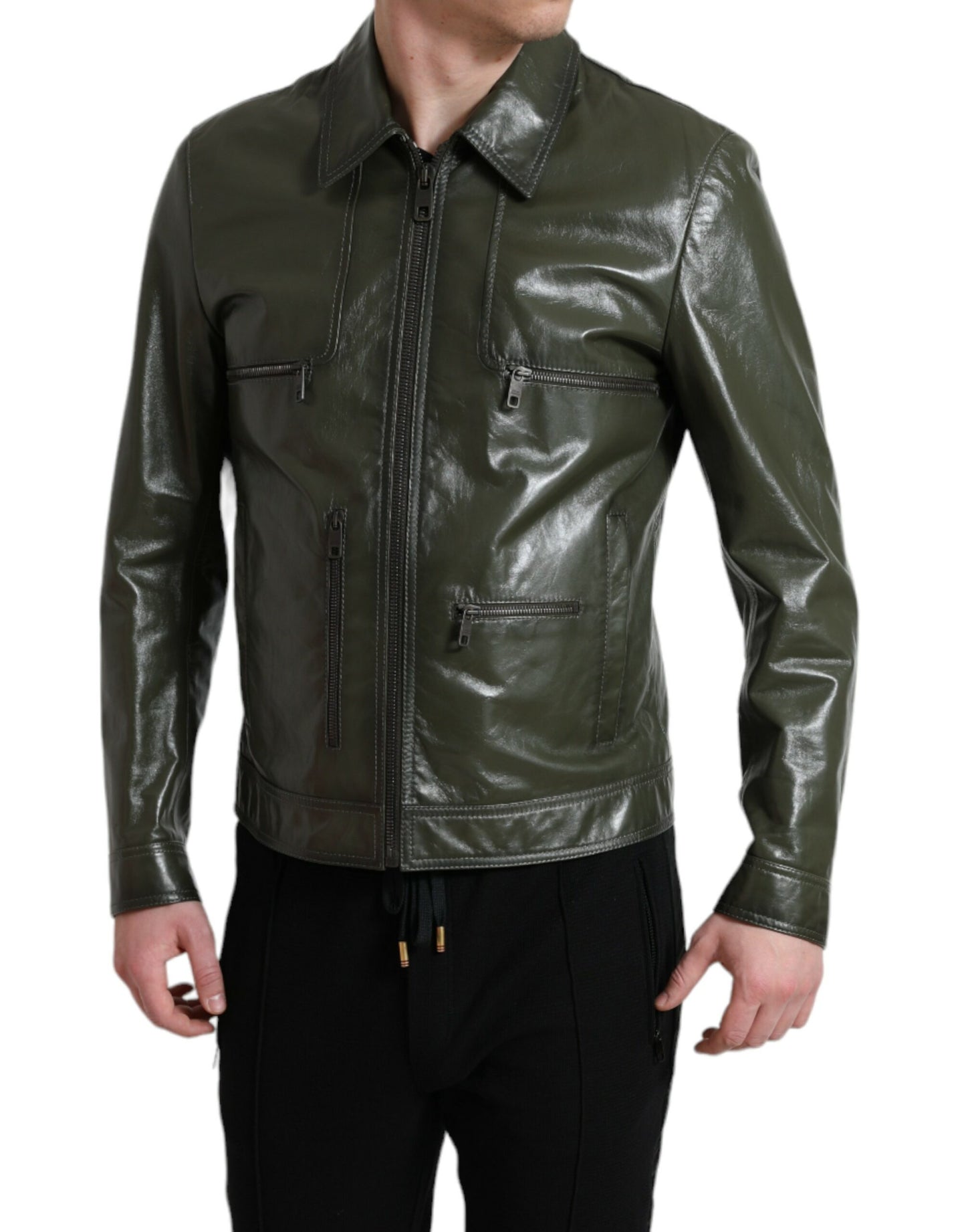 Green Leather Collared Biker Full Zip Jacket