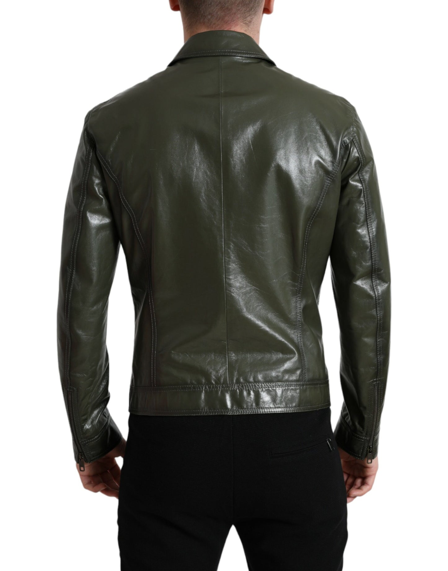 Green Leather Collared Biker Full Zip Jacket