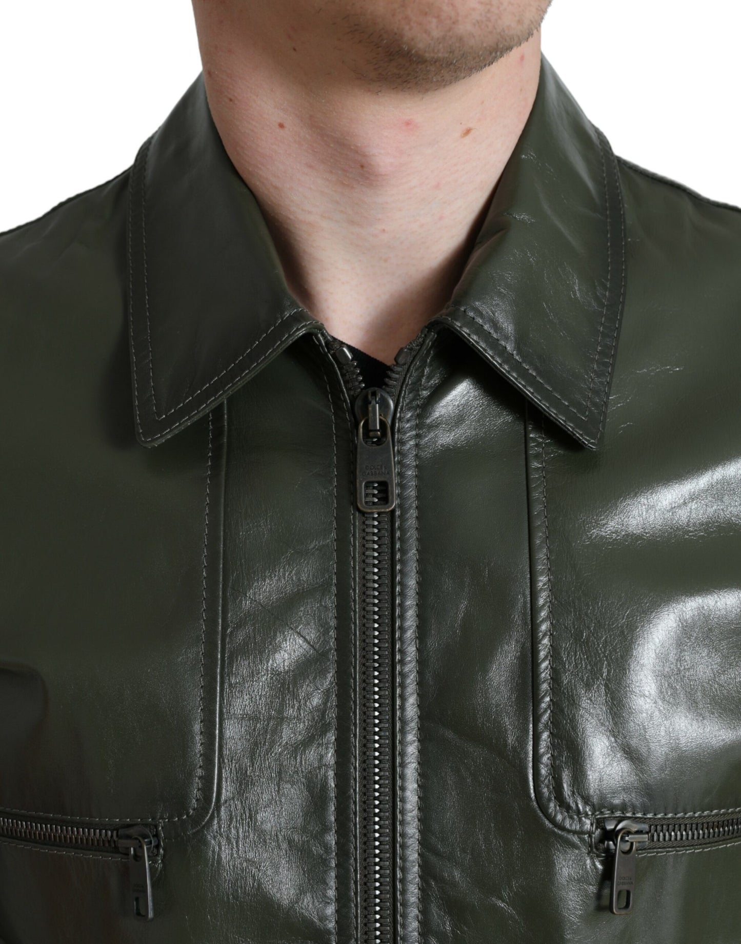 Green Leather Collared Biker Full Zip Jacket