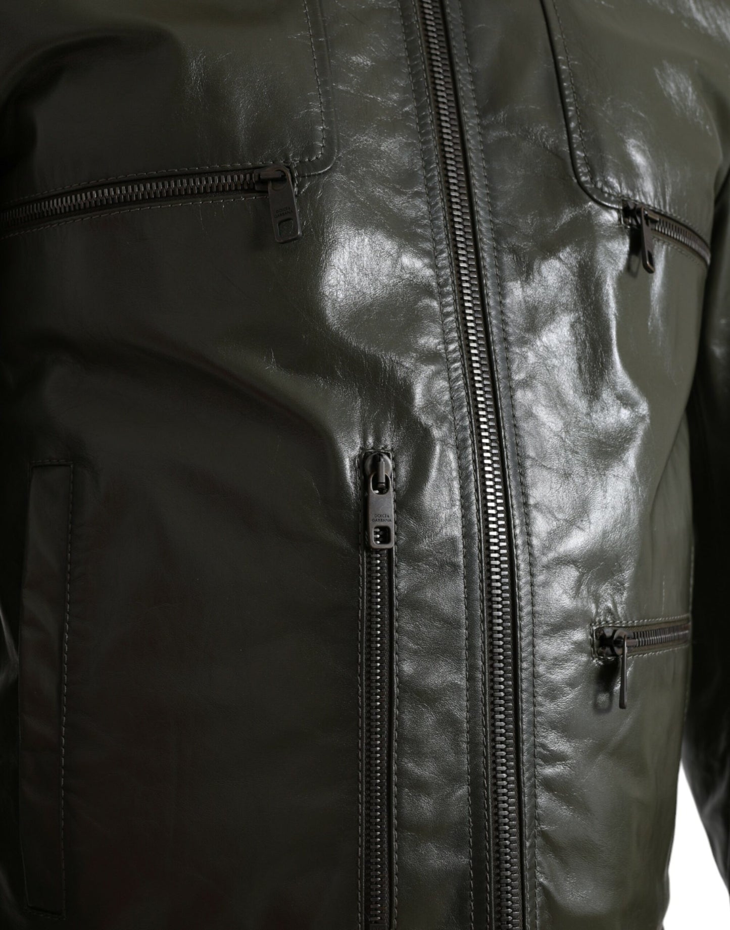 Green Leather Collared Biker Full Zip Jacket