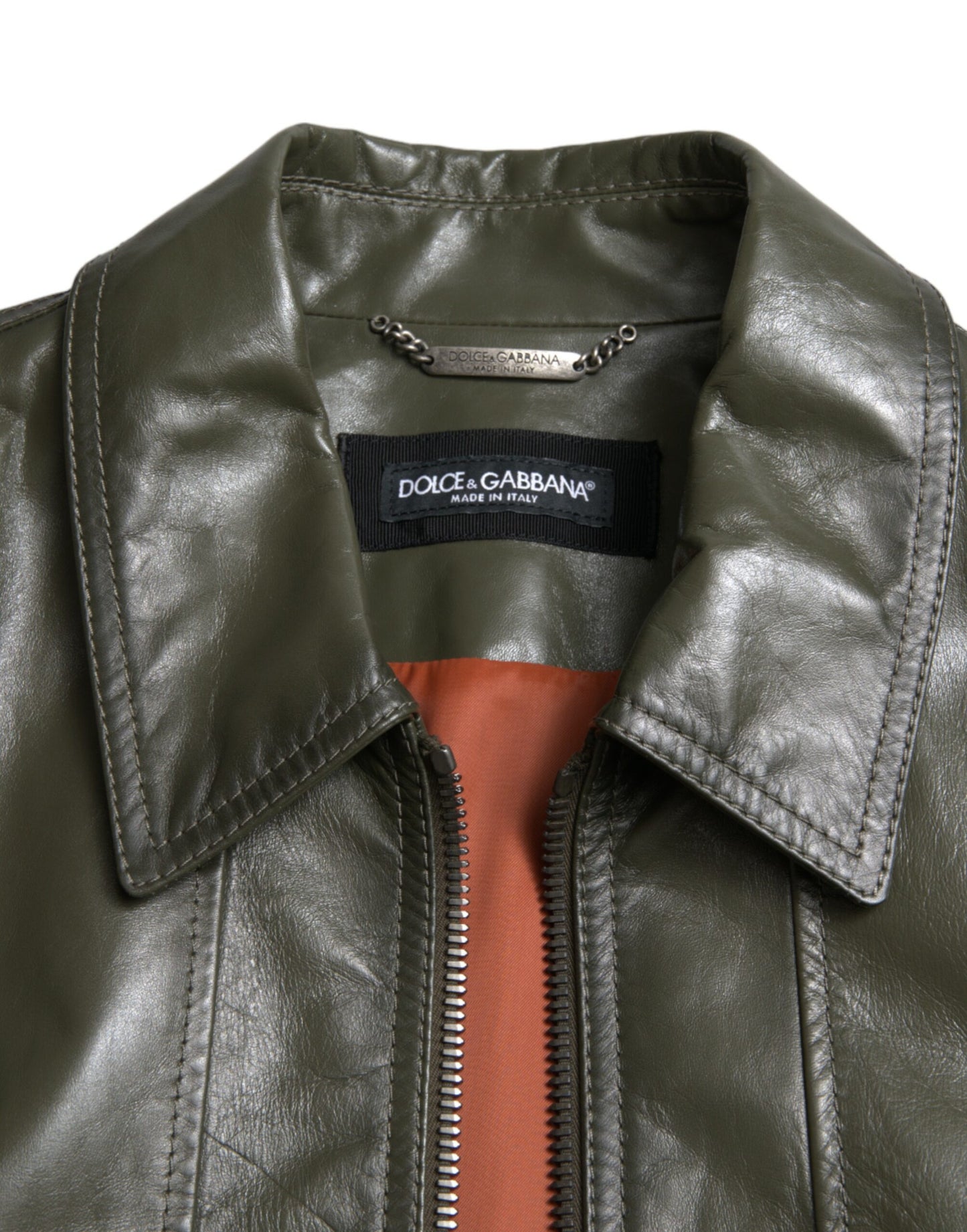 Green Leather Collared Biker Full Zip Jacket